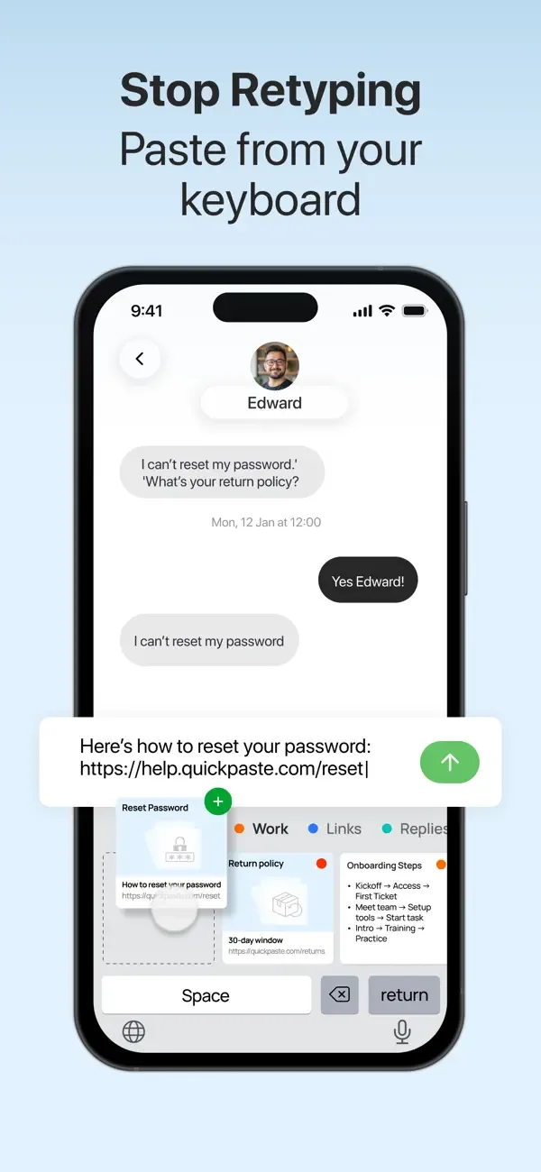 QuickPaste keyboard pasting a saved reply into a chat