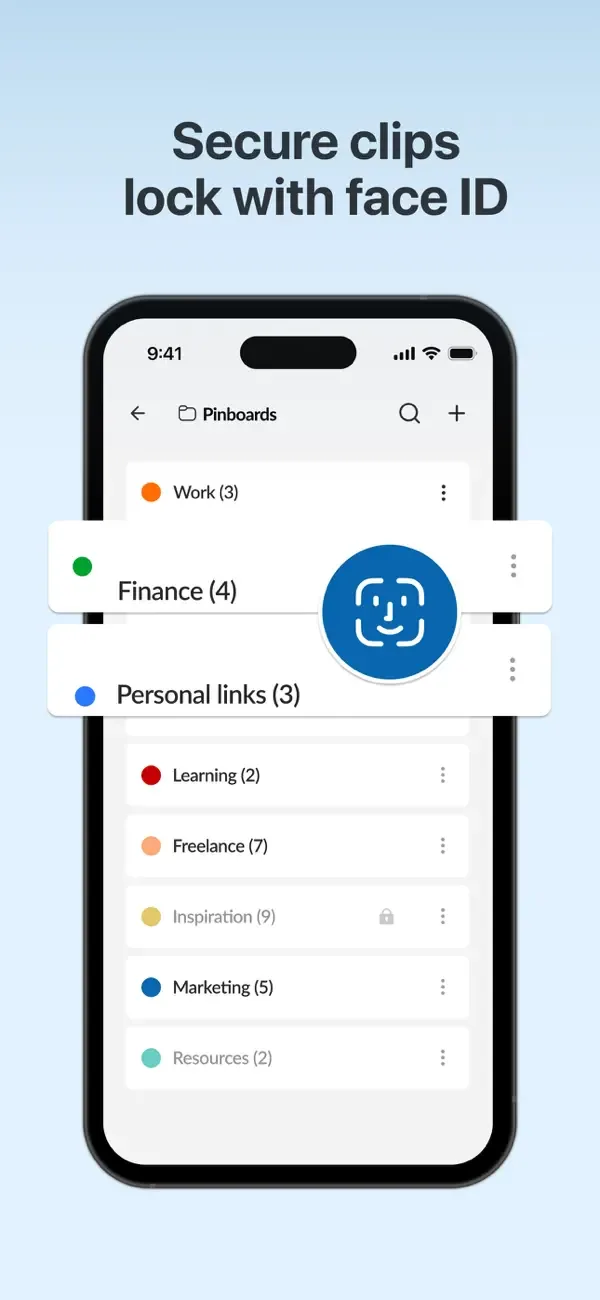 Pinboards list protected with Face ID
