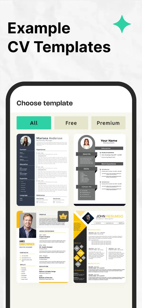 Resume profile sections such as experience, qualifications and projects