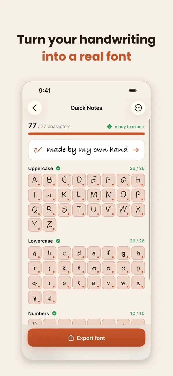 Handwriting Font Maker character grid showing uppercase, lowercase and number progress