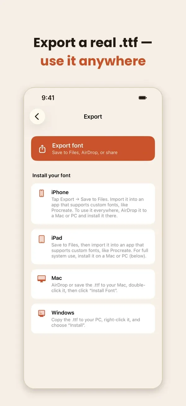 Export screen with instructions for installing the font on iPhone, iPad, Mac and Windows