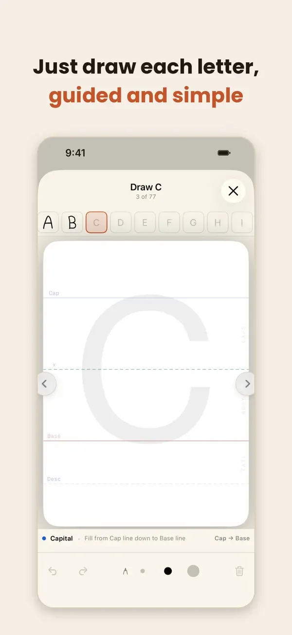Guided drawing canvas for drawing a single letter
