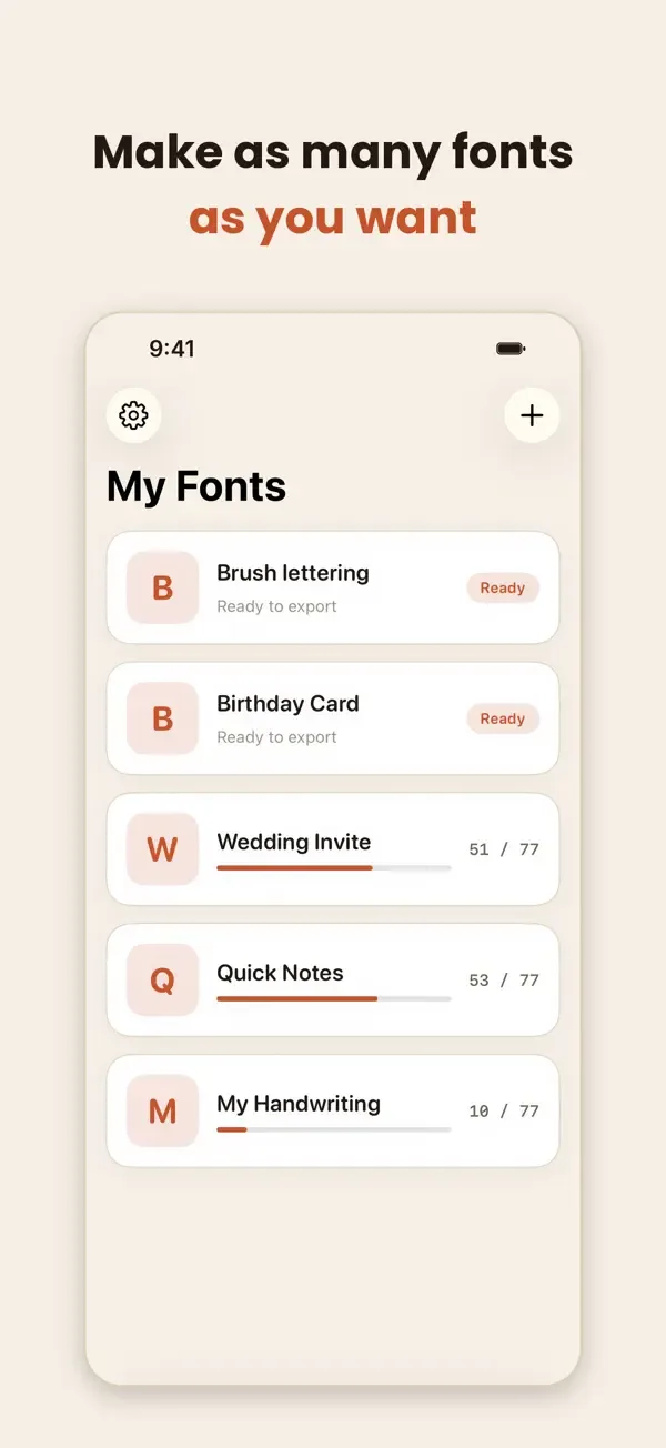 My Fonts list with several saved handwriting fonts