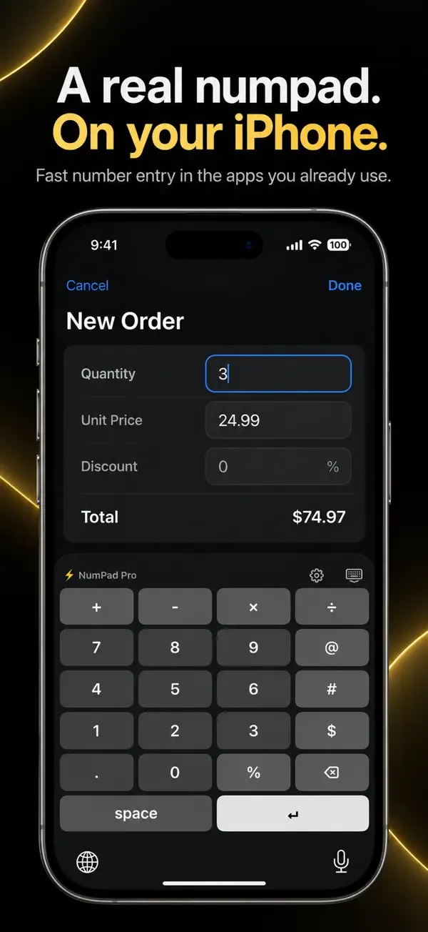 NumPad Pro keyboard entering quantity and price in an order form