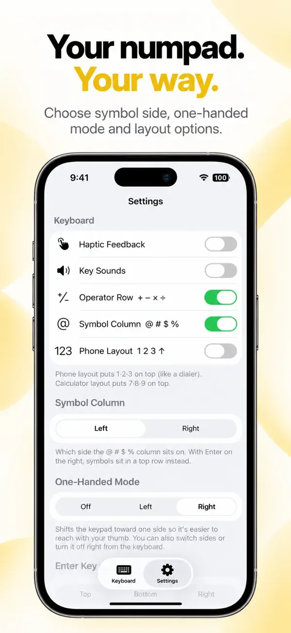 NumPad Pro settings for symbol side, one-handed mode and layout