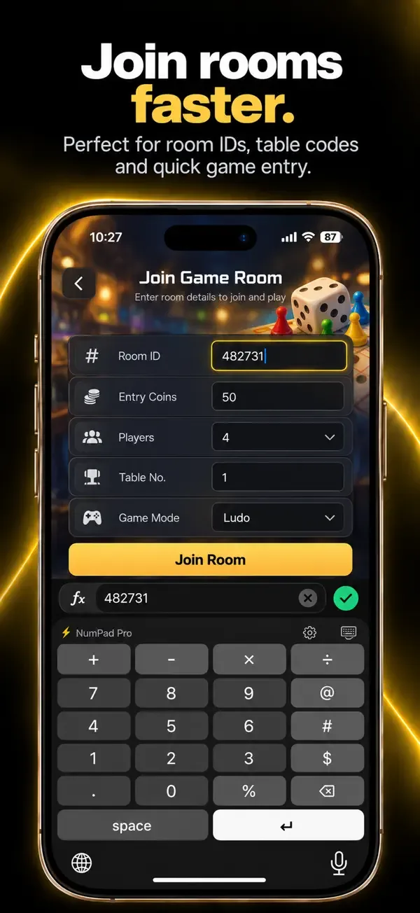 Entering a game room code with NumPad Pro