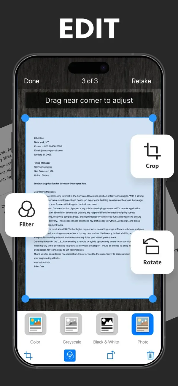 Editing a scanned page with crop, filter and rotate tools