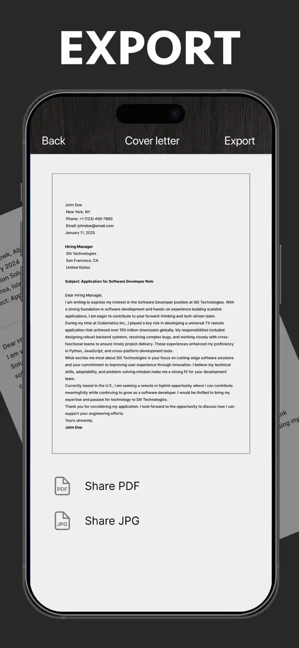 Exporting a scanned cover letter as PDF or JPG